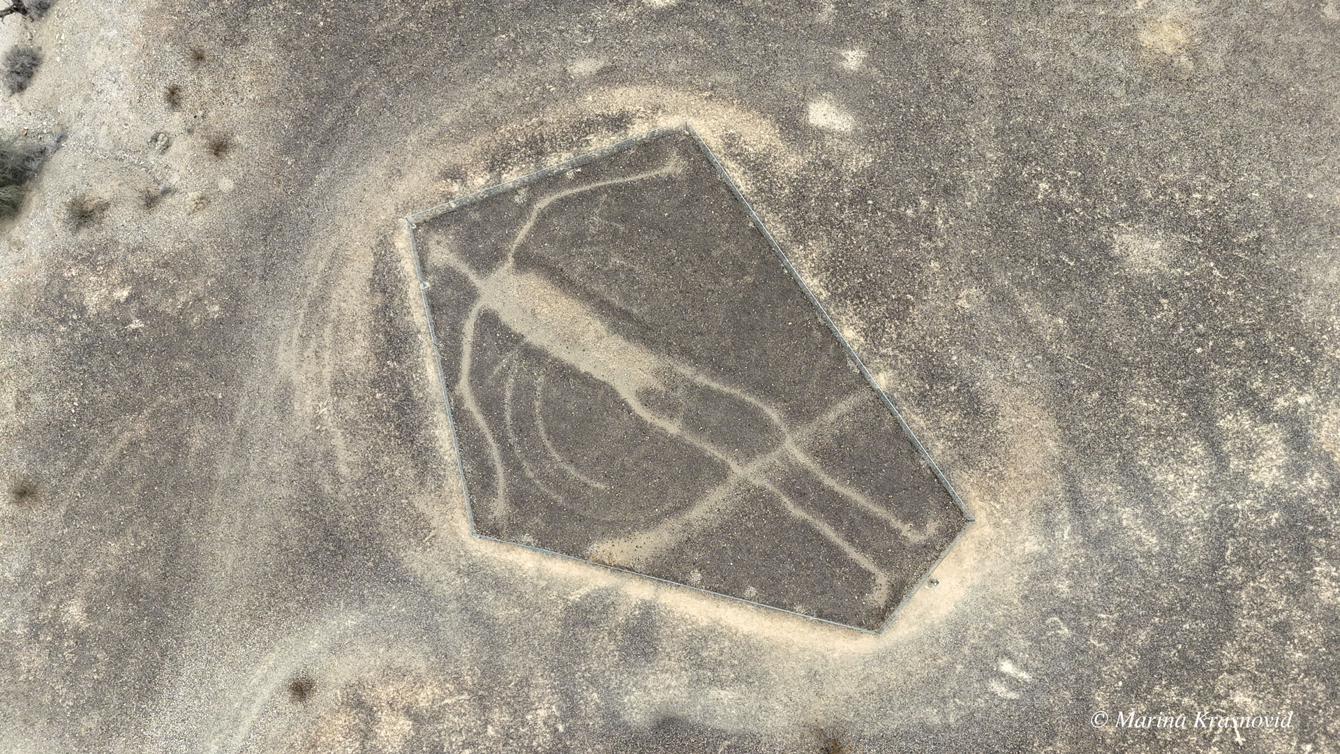 Ancient human-shaped geoglyph near Blythe, California — aerial view of large desert intaglio carved into the Colorado Desert ground | aerial photography by Marina Krasnovid
