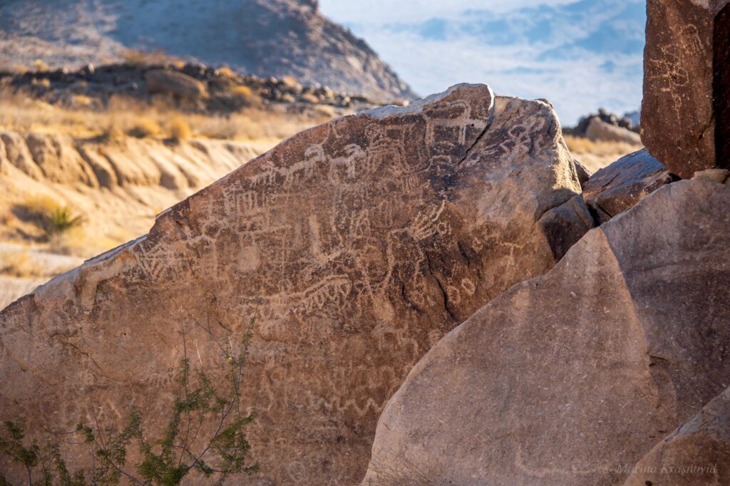 Ancient petroglyphs on desert rock in Grapevine Canyon, Nevada