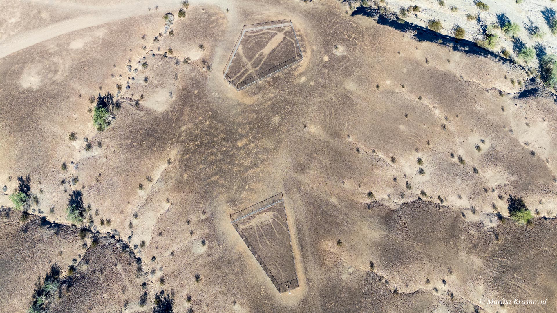 Aerial view of two Blythe Intaglios geoglyphs in the Colorado Desert, California, showing large human-shaped figures outlined on the desert floor and protected by fences. Photographed by Marina Krasnovid.