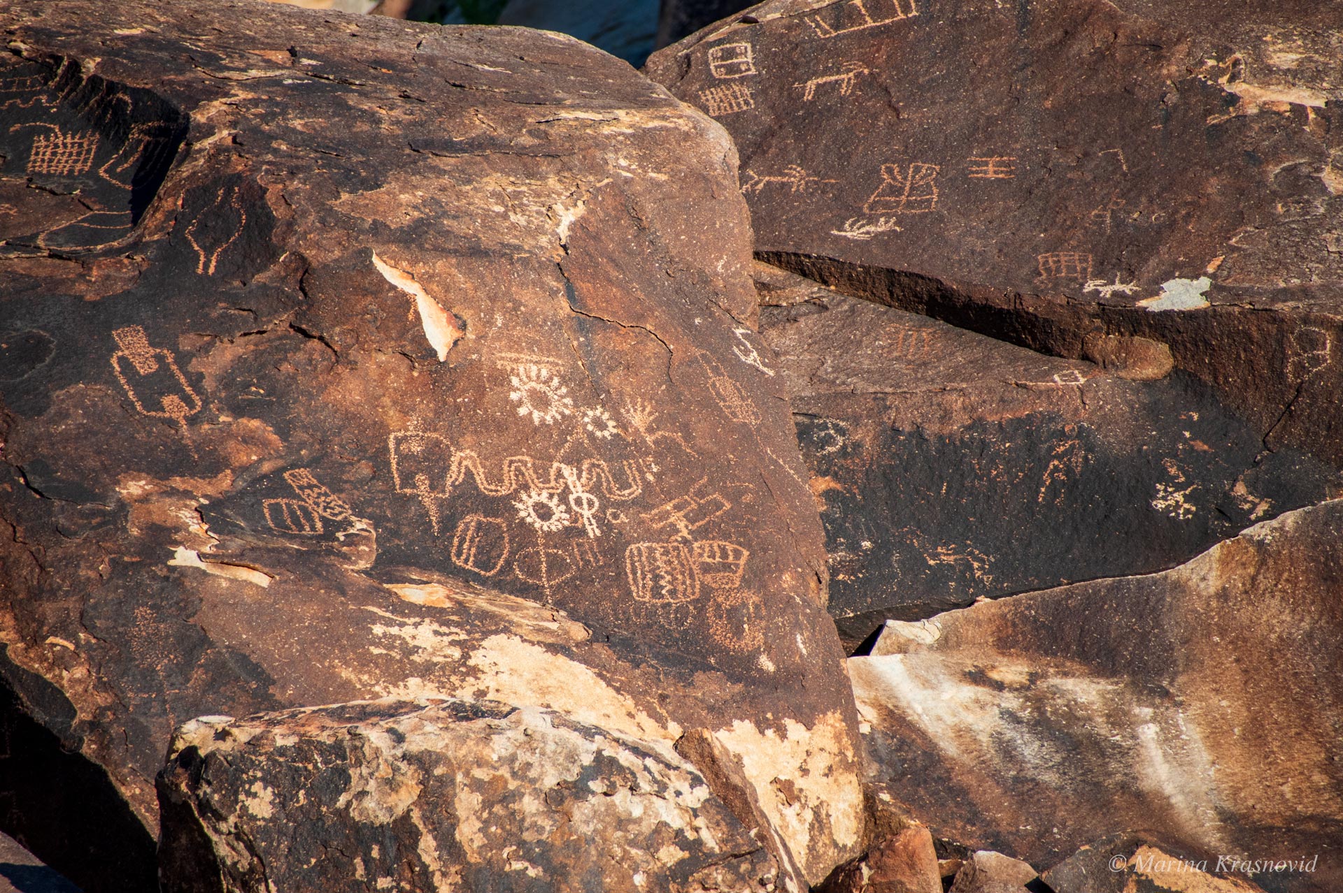 Ancient petroglyphs carved into volcanic rock at Grapevine Canyon, Nevada