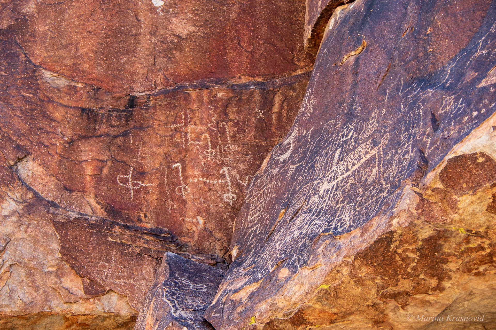 Overlapping ancient petroglyphs carved into layered volcanic rock at Grapevine Canyon, Nevada